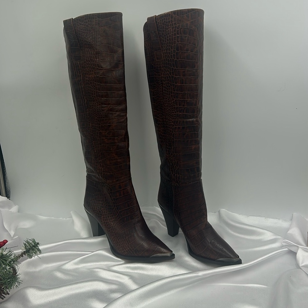 Free People Dark Brown Croc-Embossed Knee-High Heeled Boots